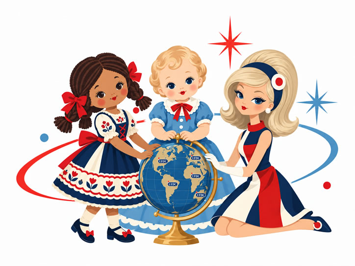 UFDC dolls gathered around a globe