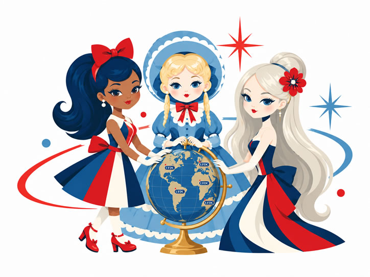 UFDC dolls gathered around a globe